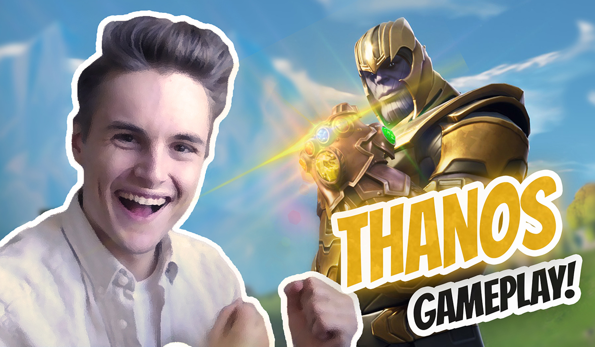 YouTube-thumbnail fra en av videoene til gamer Elias Raadlund. På thumbnailen står det "Thanos gameplay".