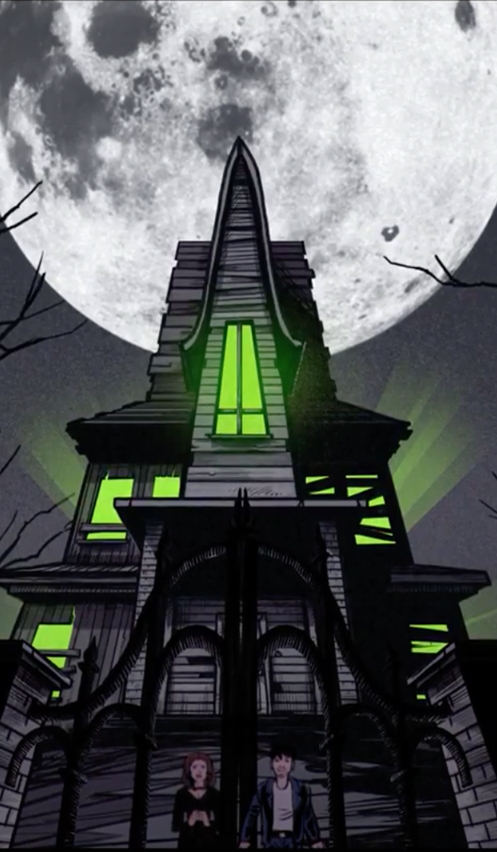 Animasjon fra musikkvideoen "Nothing good".  Spøkelseshus med grønt lys fra vinduene. I bakgrunnen er det en stor måne og foran huset står en jente og en gutt.