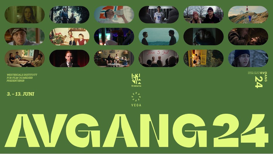 Grønn plakat som inneholde små bilder av alle avgangsfilmer Avgang24