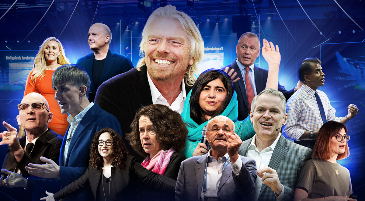 Montasje med mange ulike mennesker som skal snakke på Oslo Business Forum.