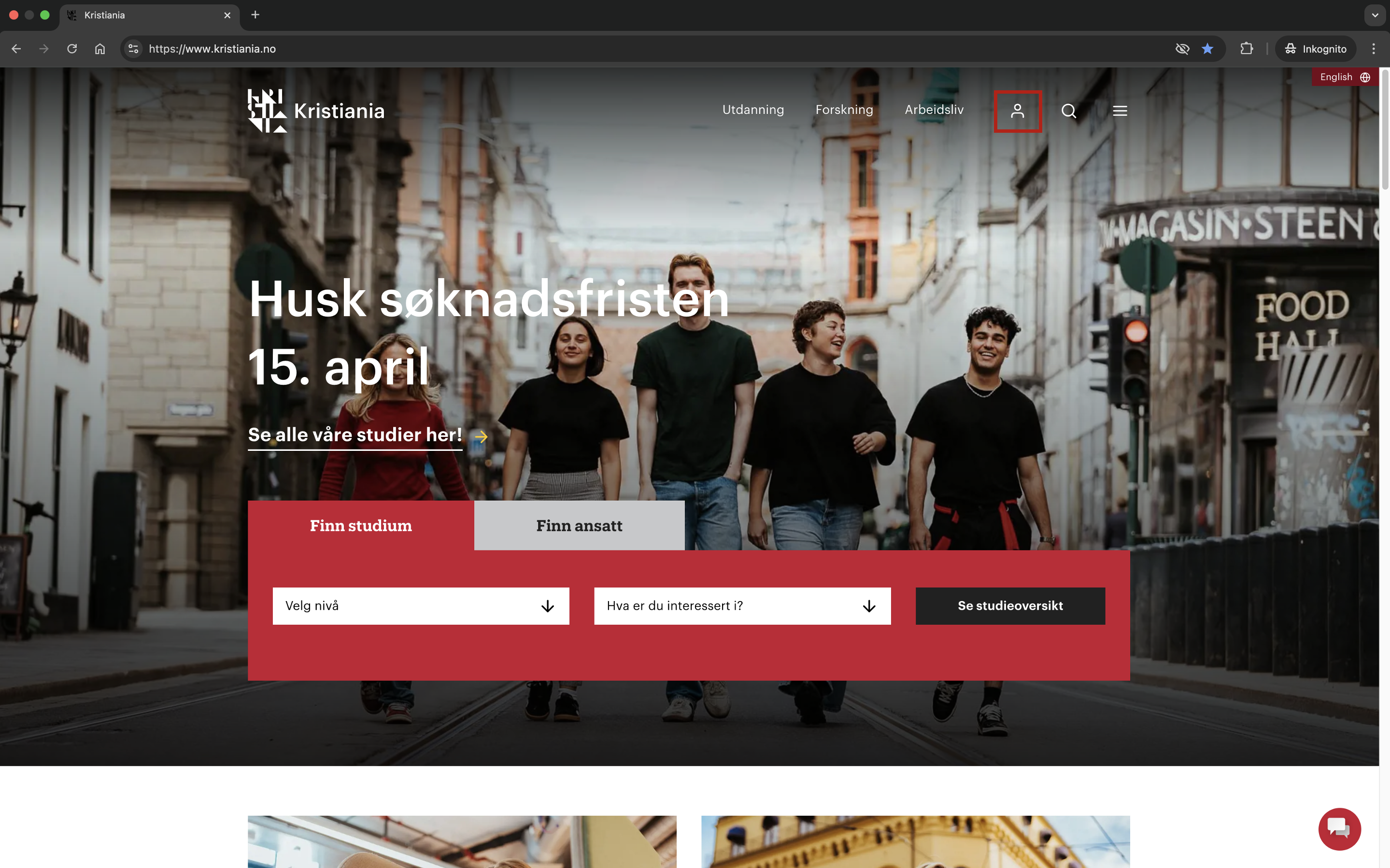 Skjermbilde av kristiania.no som viser hvilket ikon søkeren må trykke på for logge inn til Mitt Kristiania