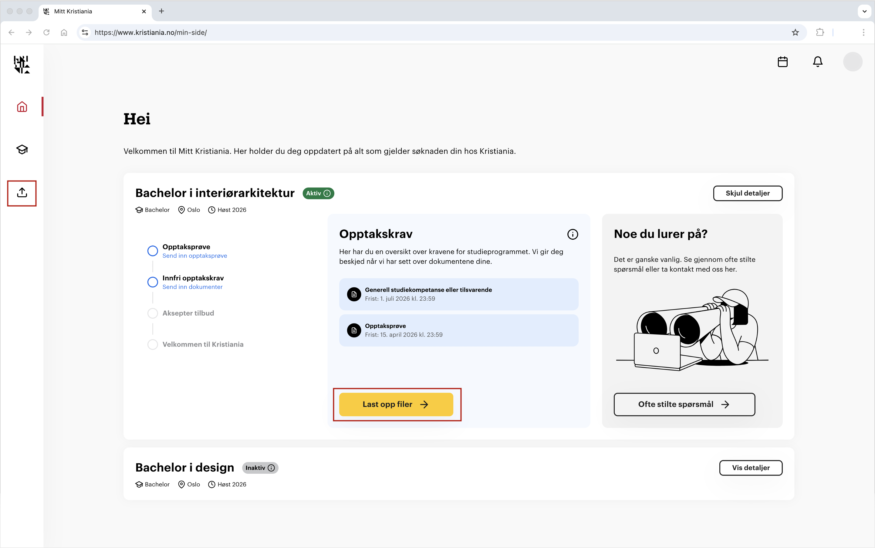 Skjermbilde av Mitt Kristiania hvor en fiktiv søker ser sine søknader og kan laste opp dokumentasjon