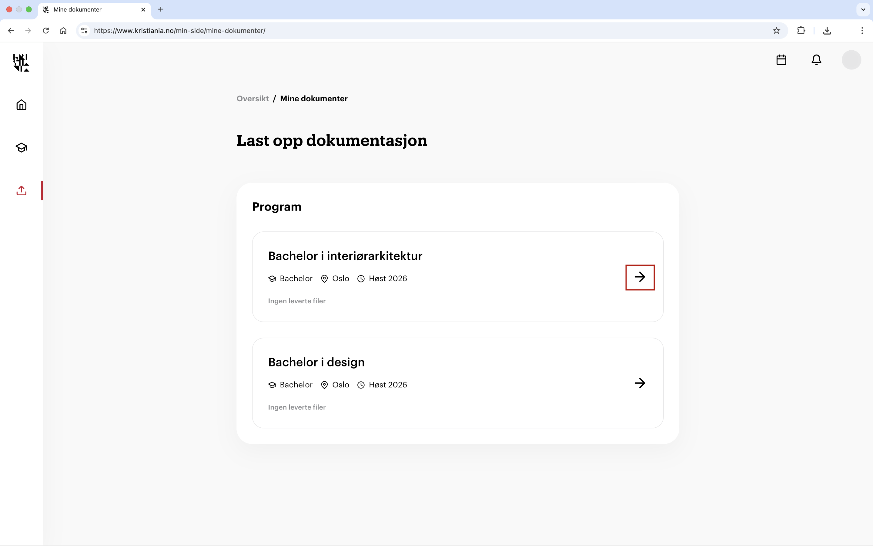 Første steg i prosessen for å laste opp dokumentasjon i Mitt Kristiania er å velge studiet du skal laste opp for.