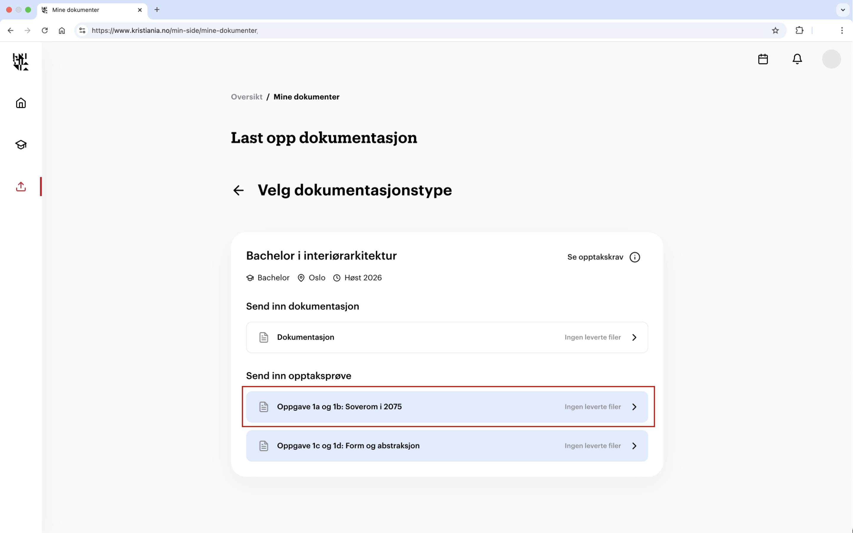 Neste steg for opplasting av dokumentasjon. Velg oppgaven du skal laste opp for. 