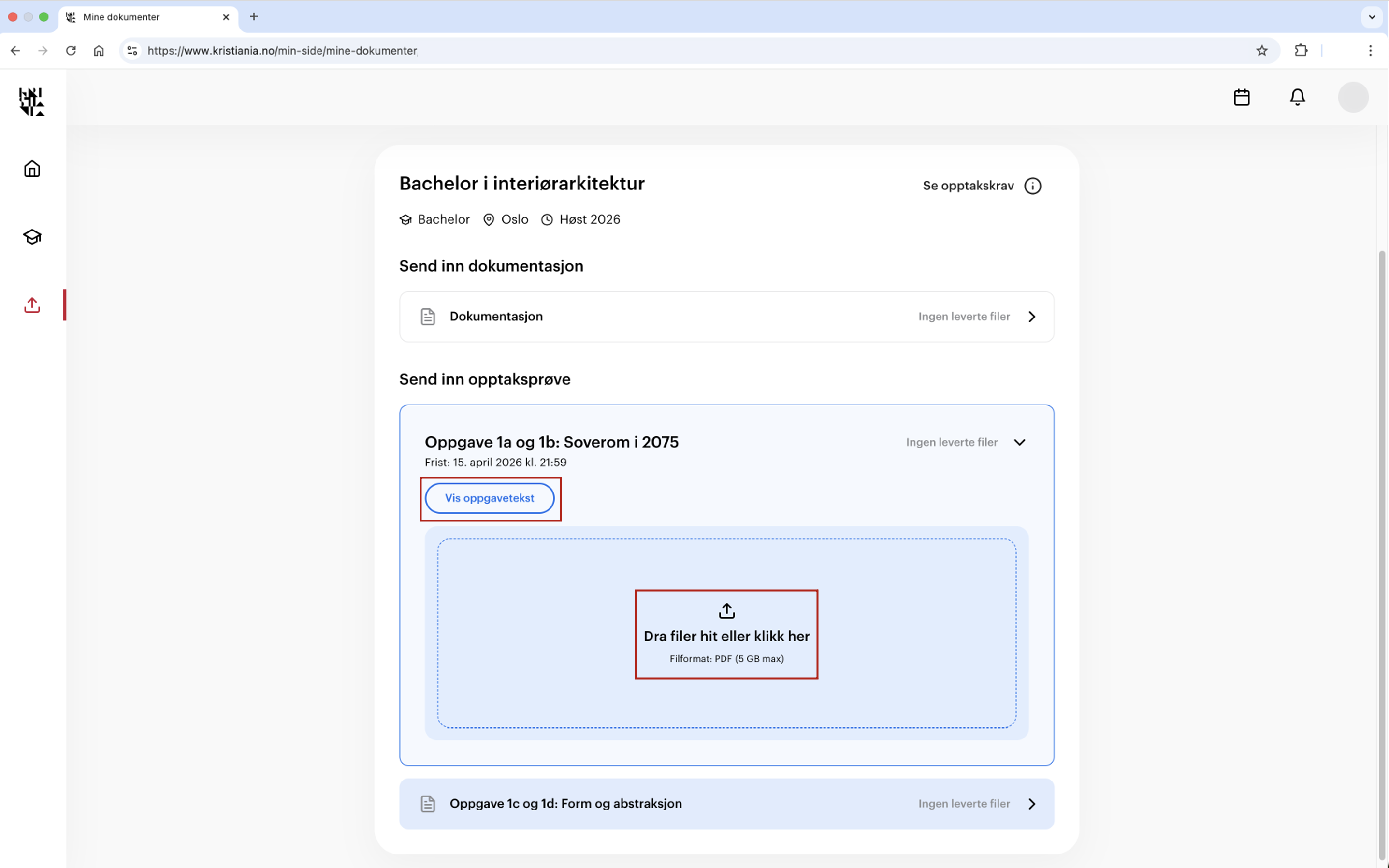 Neste steg i opplastning av dokumenter. Her kan du se oppgaveteksten og laste trykke for å bla gjennom filene dine.
