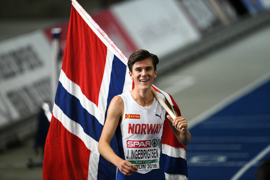  Gullvinneren. Jakob Ingebrigtsen vant OL-gull på 1500. Bildet er tatt i EM i friidrett i Berlin i 2018 der han løp hjem gull både på 800 og 1500 meter. 