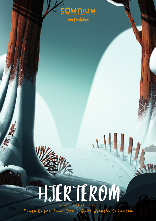 Plakat til animasjonsfilmen Hjerterom som Guro og Frida står bak. Plakaten viser en svingete sti blant to trær, med ulike blåtoner. 