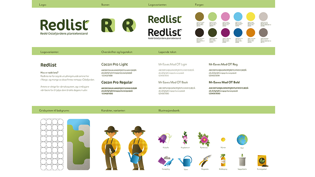 Hele designprosjektet er oppsummert i en visuell verktøykasse bestående av logovarianter, fargepalett, typografi og illustrasjoner.