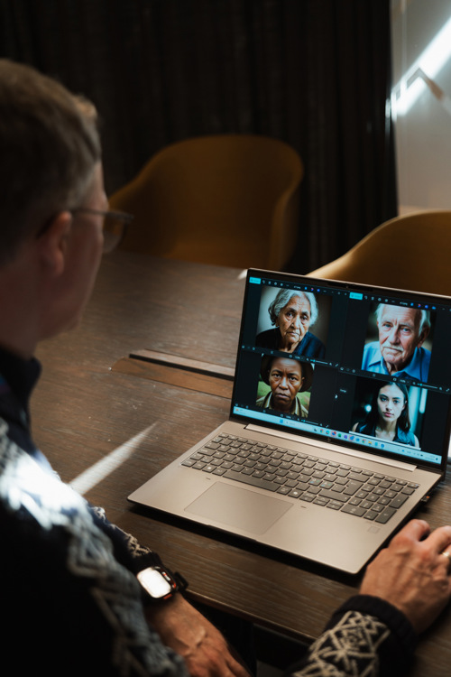 Inge sitter å ser på en PC-skjerm som viser fire AI-genererte portrettbilder