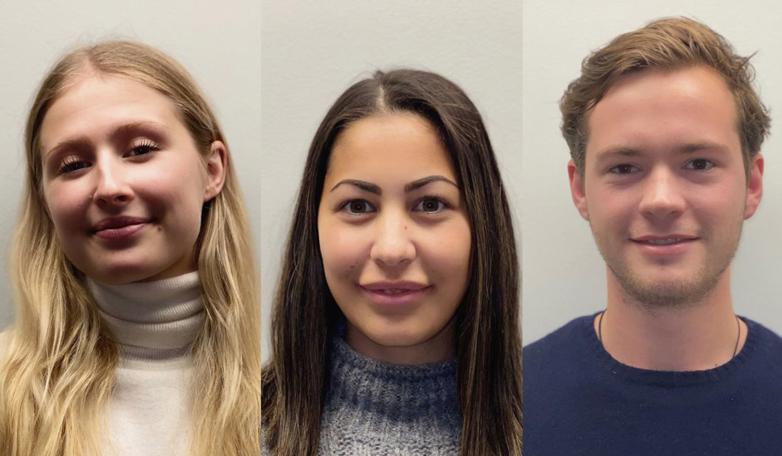 Passfoto av to kvinnelige og en mannlig student.