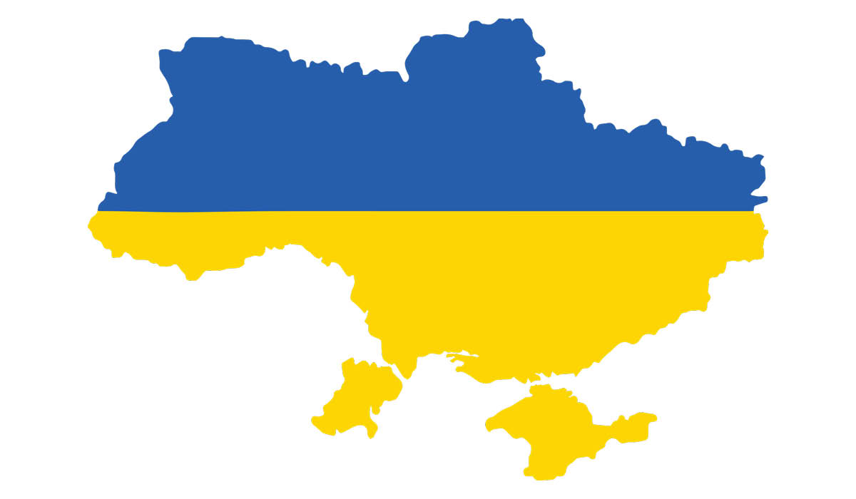 Map of Ukraine in blue and yellow.