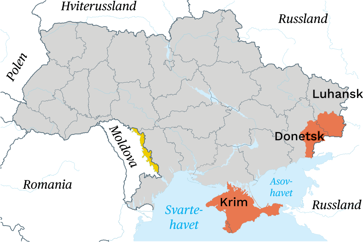 Kart over Ukraina med Donetsk og Luhansk i øst