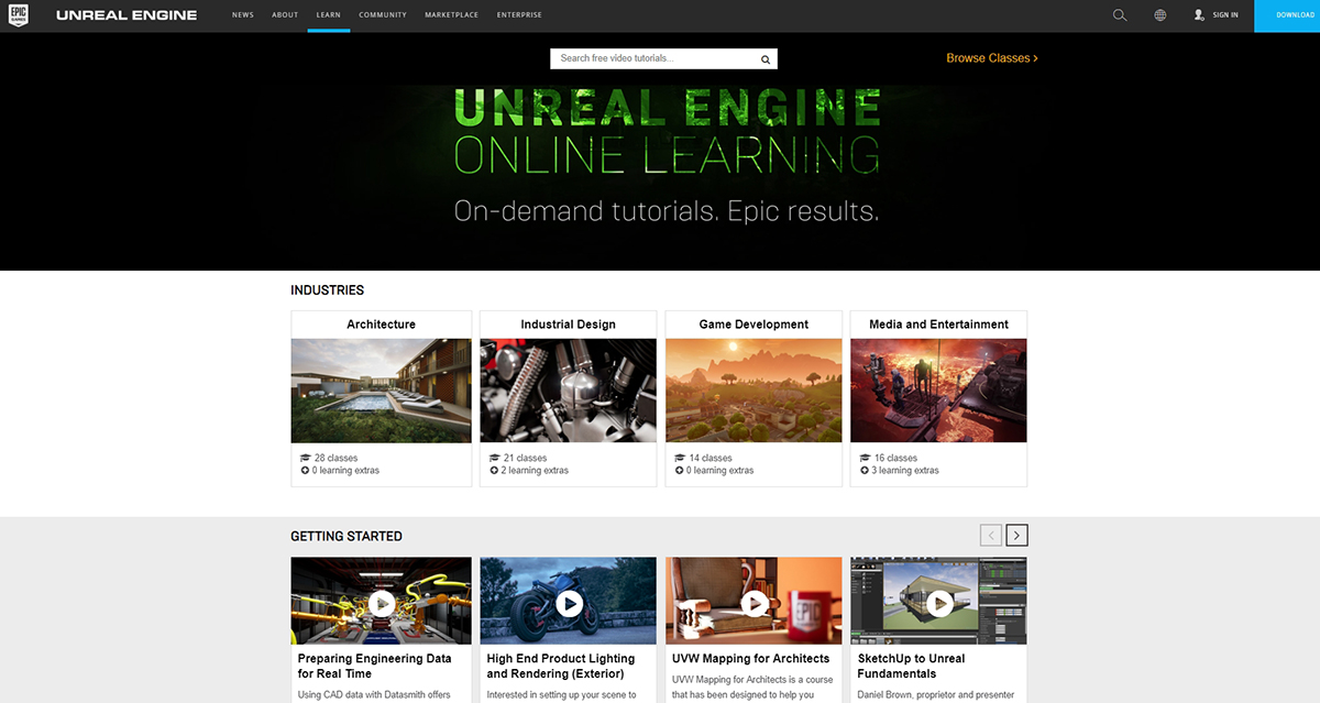 Skjermbilde av en hjemmeside som viser "Unreal Engine". Bildet er sort med grønn skrift.