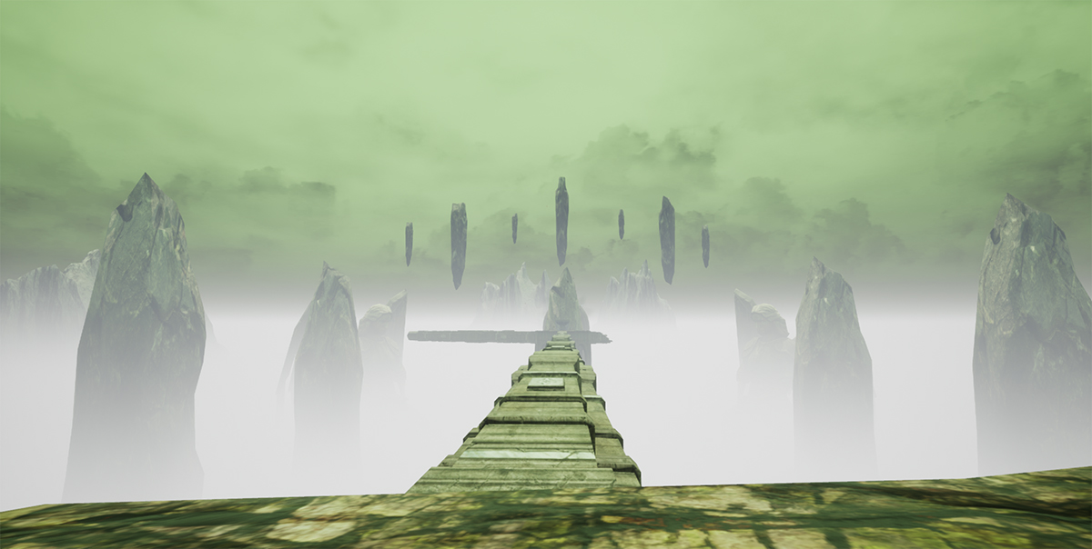 Bildet viser et spill som har en grønn hengebro hengene over masse tåke. 