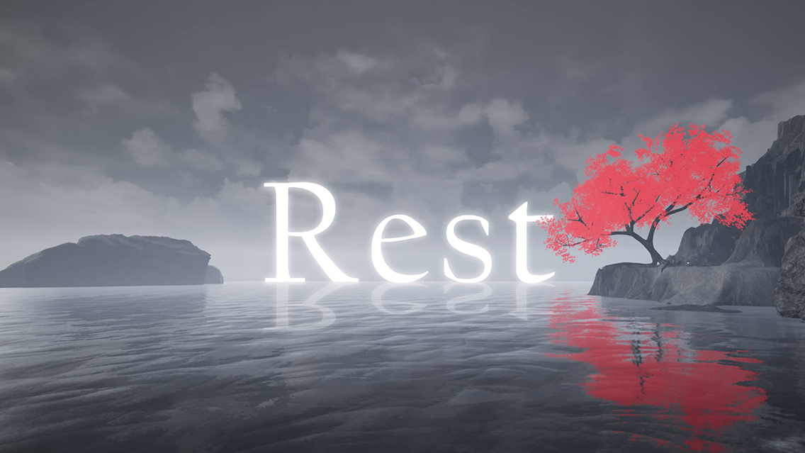 Bildet viser hav og himmel i sort hvitt med et tre som står ved enden av vannet med røde blander. Midt på bildet står det "Rest" i hvite bokstaver.