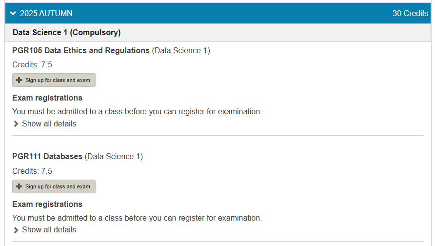 Screen shot of semester registration step 2: Your education plan