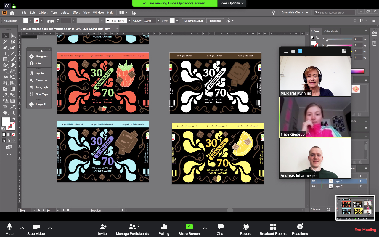 Foto av at Margaret Rynning har digital veiledning med bachelorstudentene Fride og Andreas.