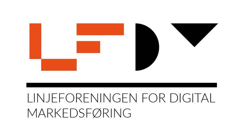 Logoen til linjeforeningen for digital markedsføring - en oransj LF og en sort DM