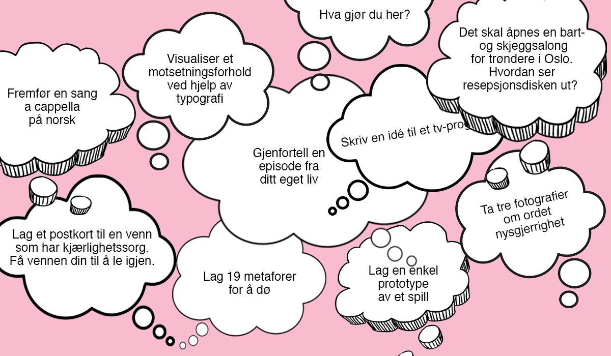 Opptaksprøver i tankebobler på rosa bakgrunn.