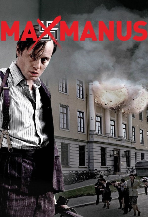 Filmplakat for Max Manus, med skuespiller Aksel Hennie i forgrunnen i og en bombe som sprenger i bakgrunnen.