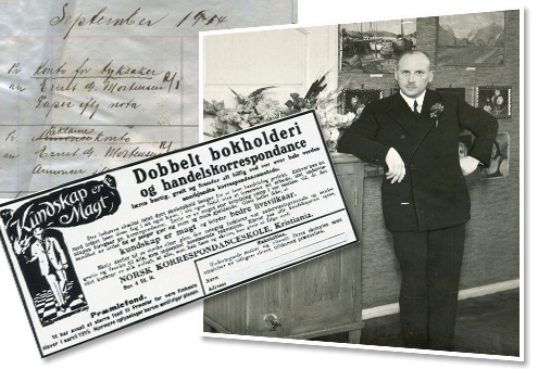 Arkivbilde av Ernst G.Mortensen og gammel NKS-anonnse. 