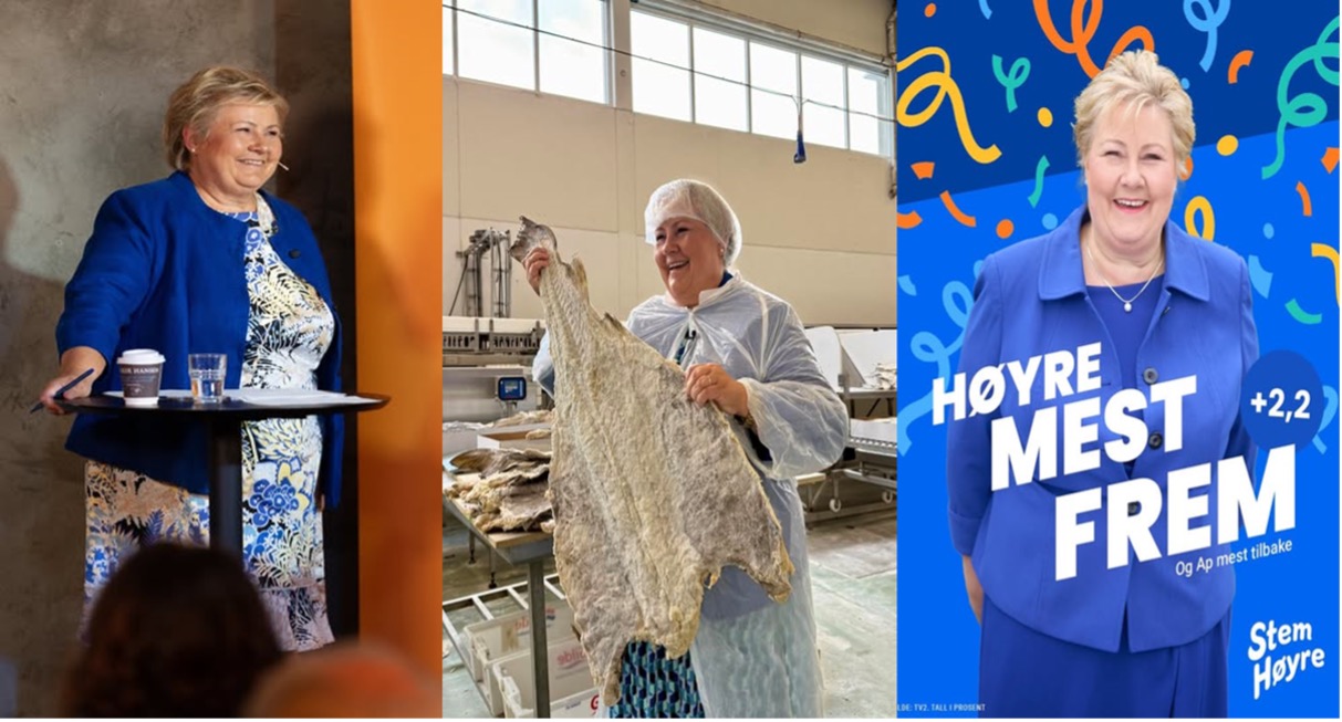 Tre bilder i en collage med Erna Solberg i ulike settinger.