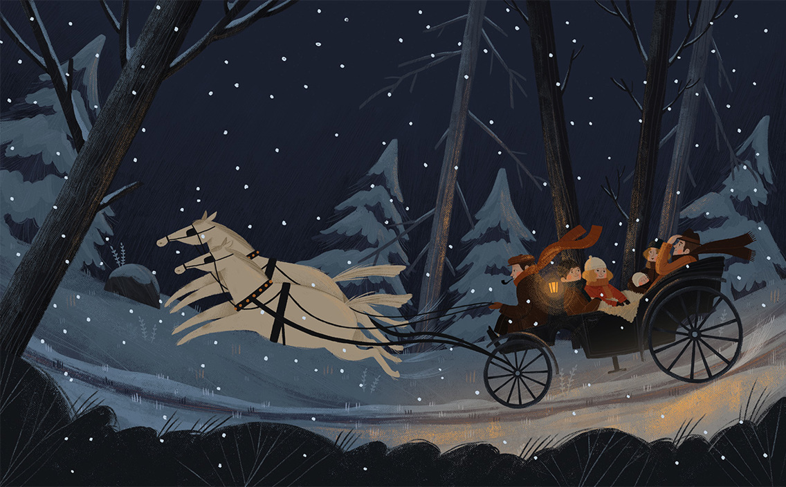 Tegning av hest og kjerre med passasjerer en vinternatt