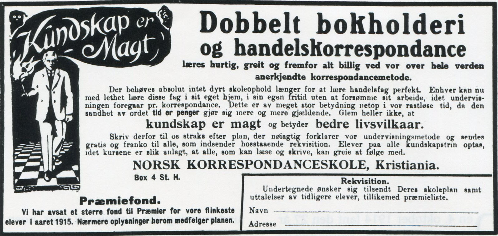 Bildet viser en eldre annonse med mye tekst og en tegning av en mann i dress. 