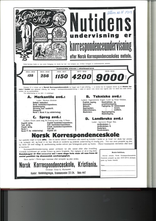 Bildet viser en gammel annonse med mye tekst og en figur i dress. Det er en stor helside. 