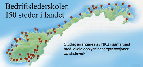Kart av hele Norge med knappenåler mange steder fra nord til sør som markerer hvor det fantes bedriftslederskoler i Norge