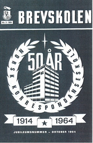 Bilde av forsiden på bladet Brevskolen, med teksten Brevskolen 50 år.