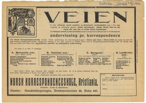 Bilde av en eldre annonse med tekst som sier at: Veien til æket velstand, sosial posisjon og økonomisk uavhengighet får i våre dage uvergerlig og ubønhørlig gjennom økede kunnskaper. 