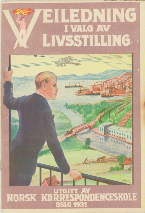 Forsiden av en bok på 1930-tallet med tegning av en ung mann som ser utover et landskap med by og fly.
