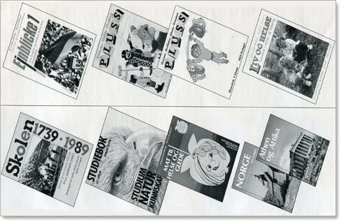 Bilde av mange forsider av bøker. 