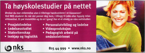 Bilde av annonse med tekst og bilde av en smilende ung dame