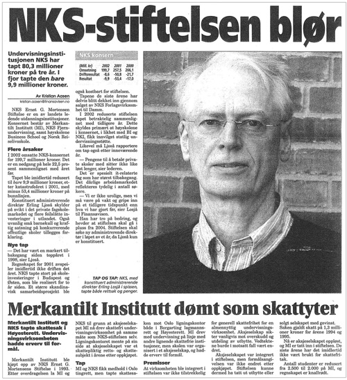 Bilde av avisside med teksten: NKS-stiftelsen blør og bilde av en mann med briller