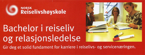 Bilde av en annonse med teksten: Bachelor i reiseliv og relasjonsledelse og med bilde av tre damer som sitter rundt et bord.