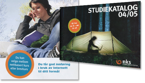 Bilde av forsiden til to kataloger med bilde av en ung dame og bilde av en person i telt.