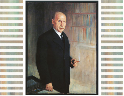 Ernst G. Mortensen avbildet på et maleri