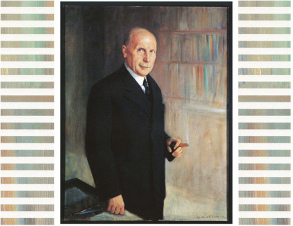 Ernst G. Mortensen avbildet på et maleri