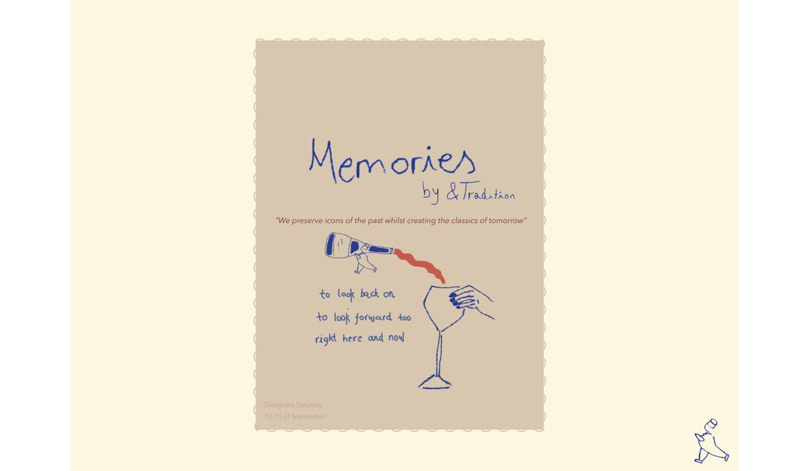 Presentasjon av konseptet Memories by &Tradition. Tegning av vinflaske, og vin som helles ned i et vinglass. 