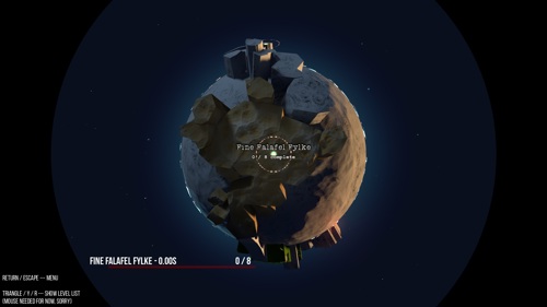 Skjermbilde fra et spill som viser en liten planet sett fra verdensrommet, med terreng, bygninger og spillgrensesnitt.