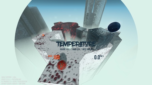 Skjembilde fra spillet meatball som visualiserer temperatur i et stilisert, is og lavapreget miljø.