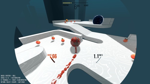 Skjembilde fra spillet meatball som viser en hvit bane med figurer, tomater og spillgrensesnitt.